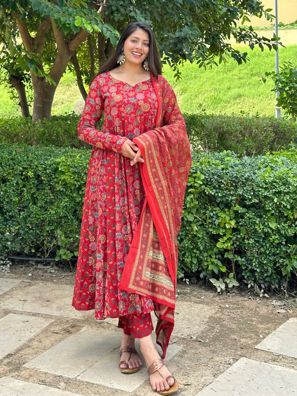 Floral Booti Red Anarkali Suit Set - Jonaya