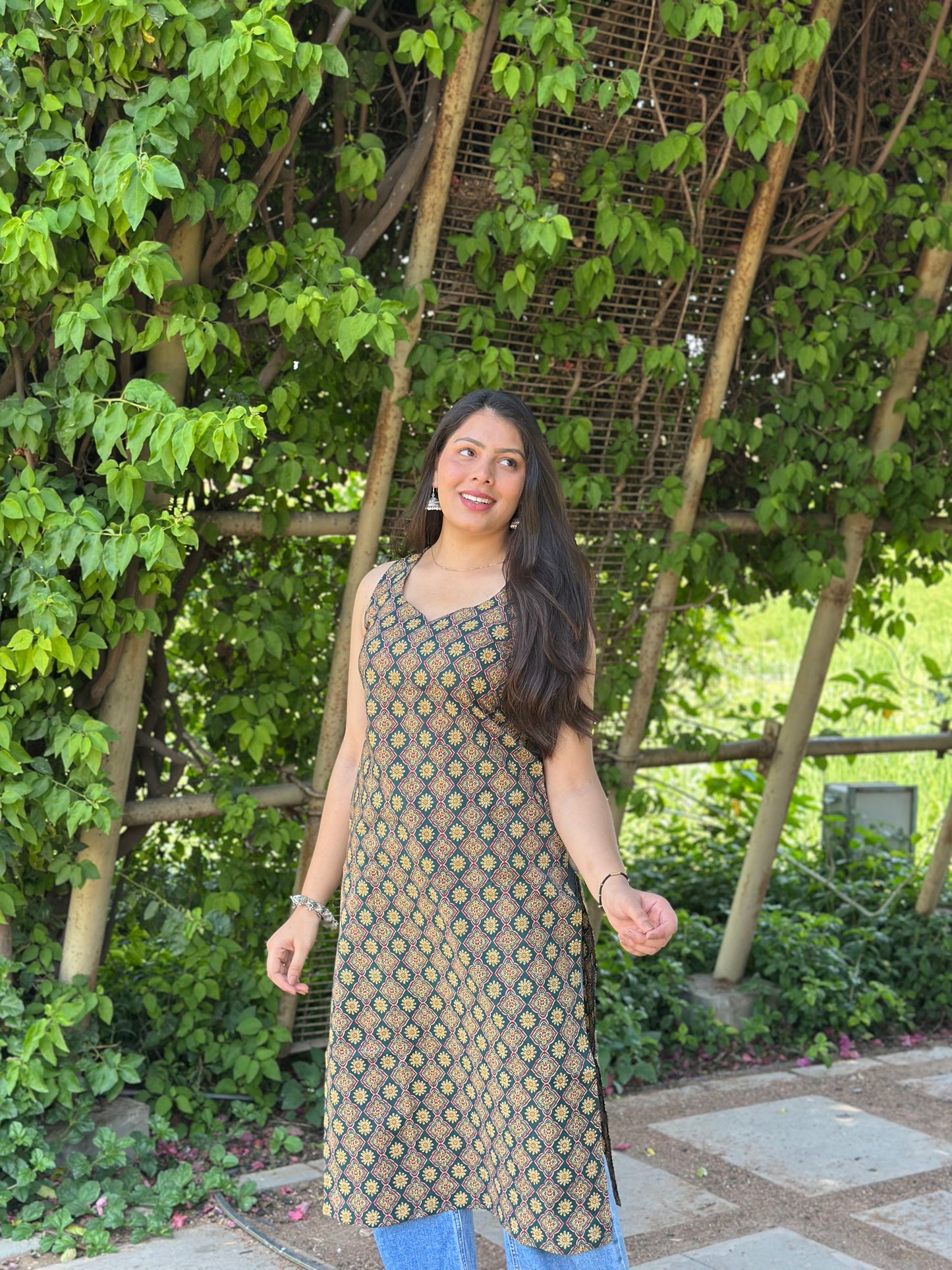 Green Ajrakh booti Straight kameez