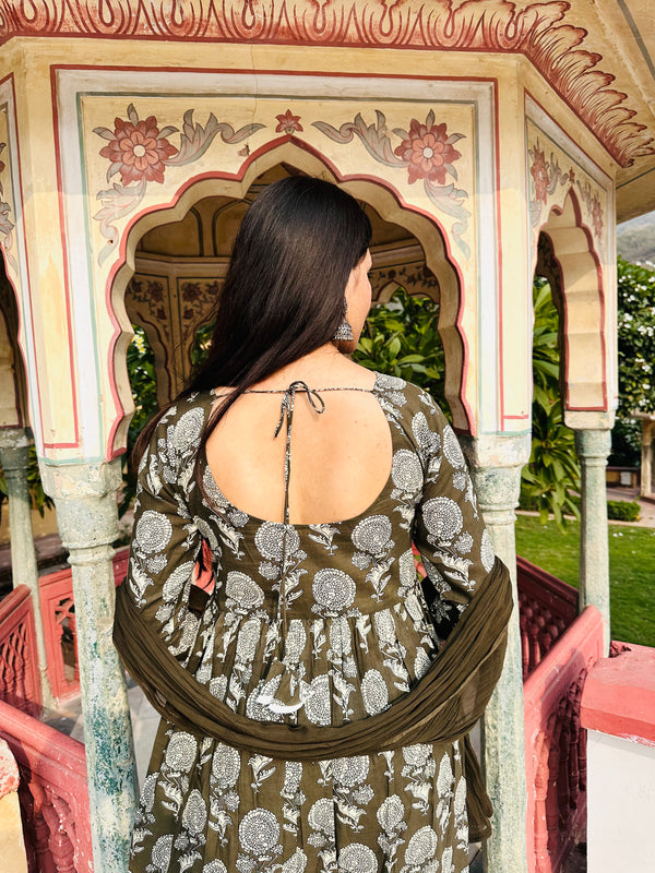 Olive floral Anarkali Suit Set - Jonaya