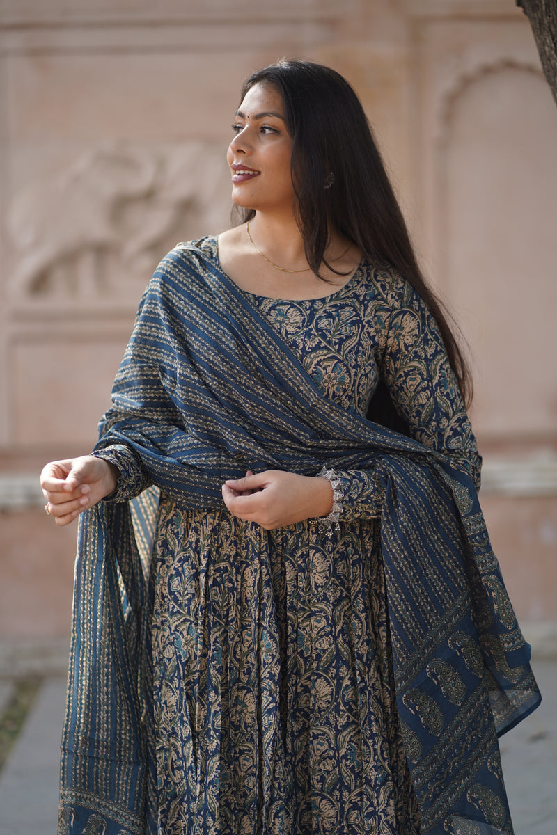 Blue kalamkari anarkali suit set