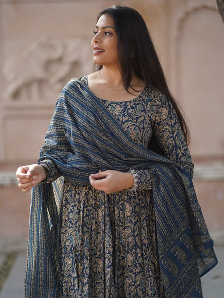Blue kalamkari anarkali suit set