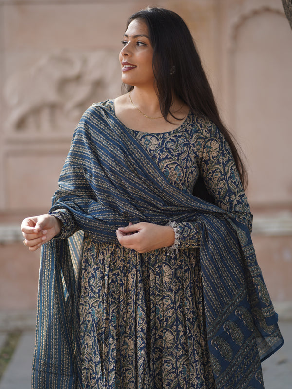 Blue kalamkari anarkali suit set