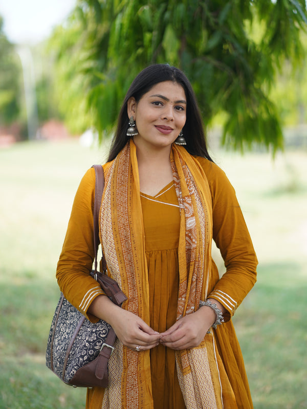 Mustard Solid Angrakha Potli Flare Suit Set - Jonaya