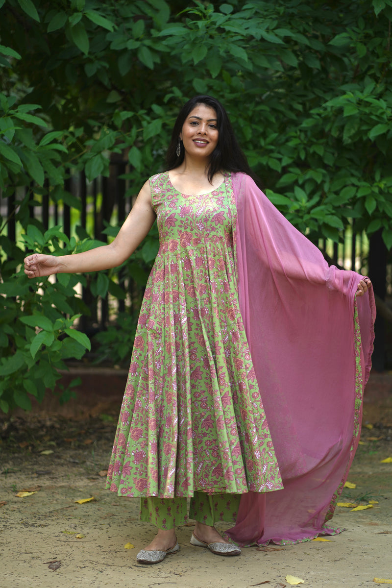 Green Purple floral Anarkali set - Jonaya