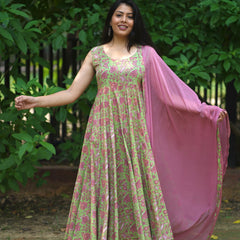 Green Purple floral Anarkali set - Jonaya