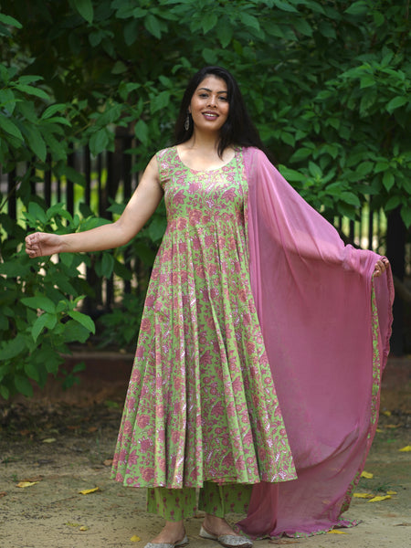 Green Purple floral Anarkali set - Jonaya