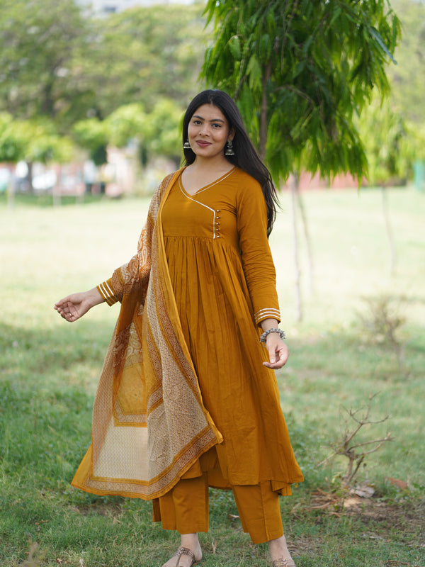 Mustard Solid Angrakha Potli Flare Suit Set - Jonaya