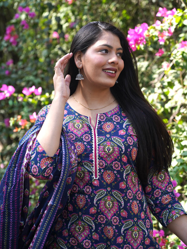 Blue Pink Floral Straight Suit Set - Jonaya