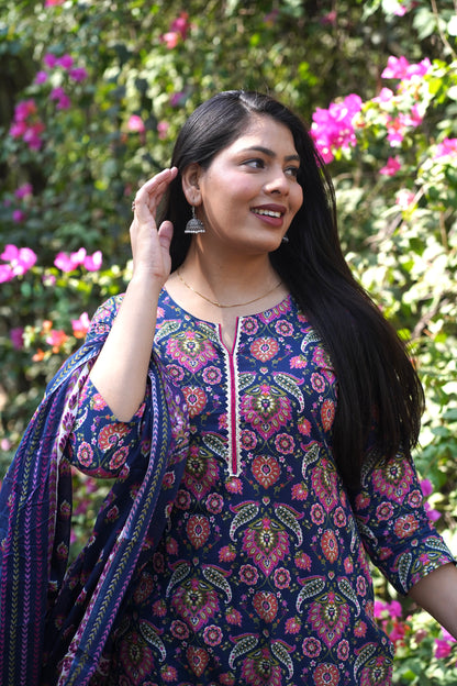 Blue pink floral straight suit set