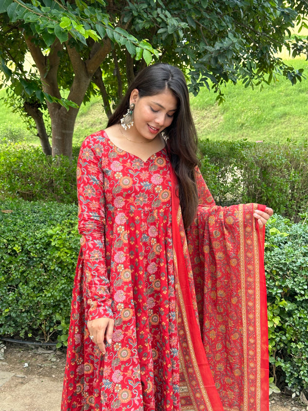 Floral Booti Red Anarkali Suit Set - Jonaya