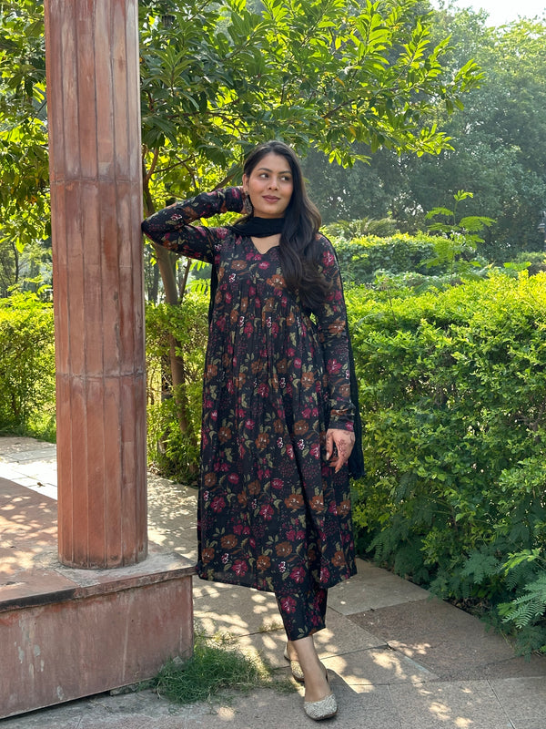 Black Floral Aliacut Suit Set - Jonaya