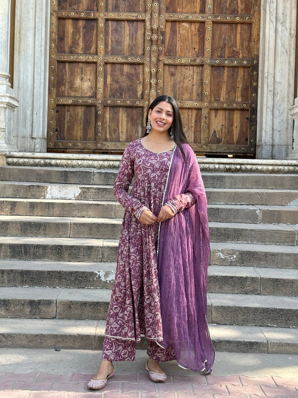 Purple Paisley Cotton Flare Suit Set - Jonaya