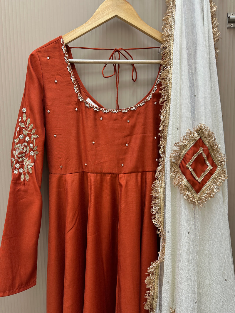 Rust Orange Hand embroidered Lux Anarkali Jonaya