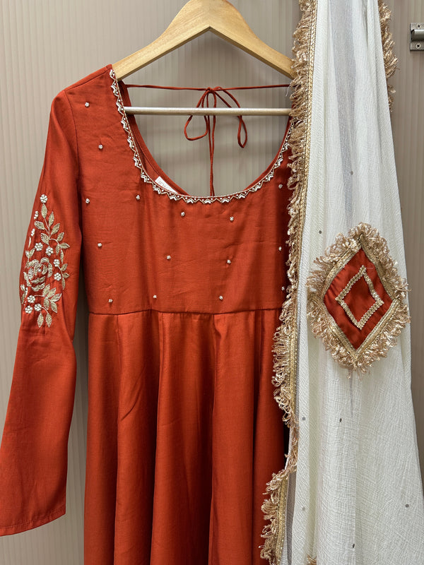 Rust Orange Hand embroidered Lux Anarkali - Jonaya