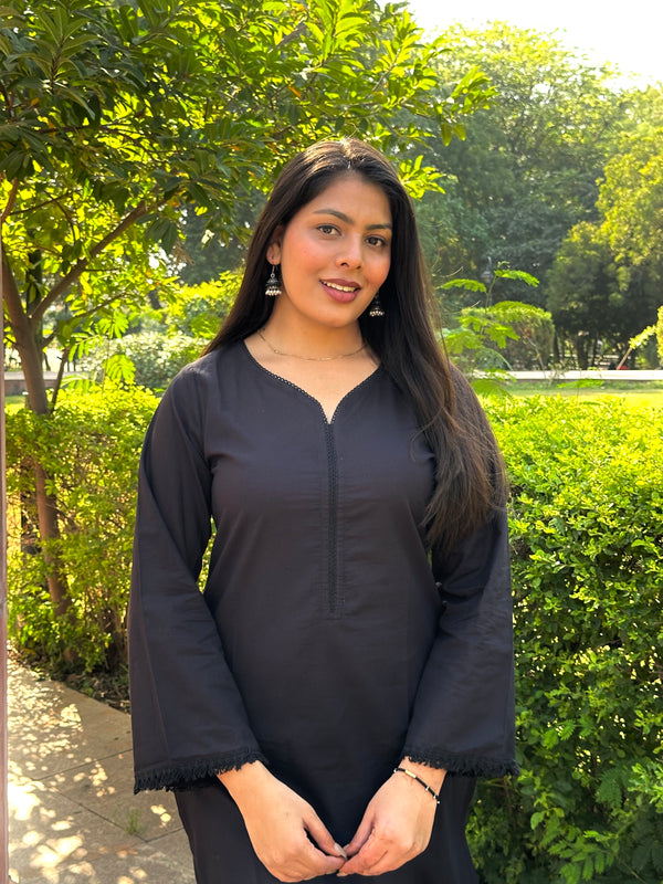 Black Office Solid Ajrakh Straight Suit Set - Jonaya