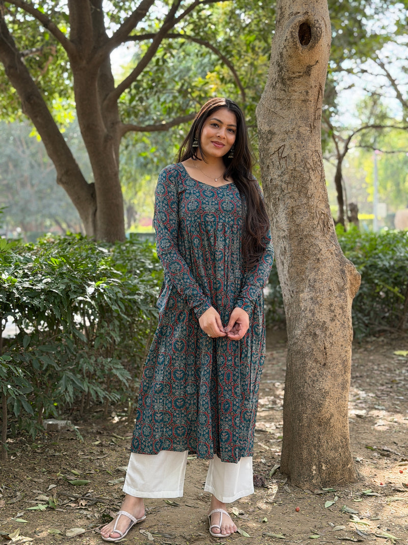 Teal Ajrakh flare kameez Jonaya