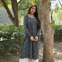 Teal Ajrakh flare kameez Jonaya