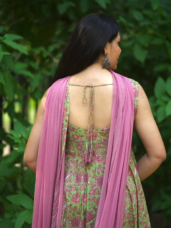 Green Purple floral Anarkali set - Jonaya