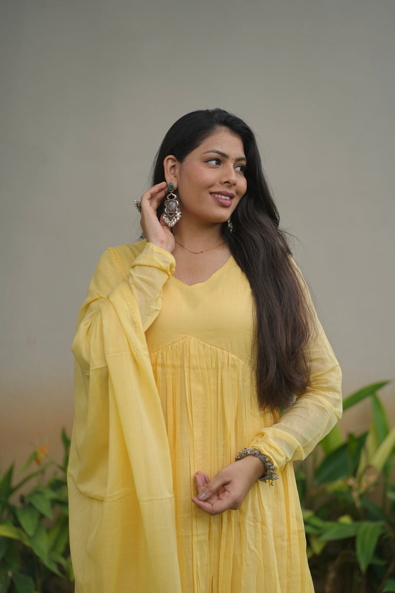 Butter yellow mul cotton flair suit set Jonaya