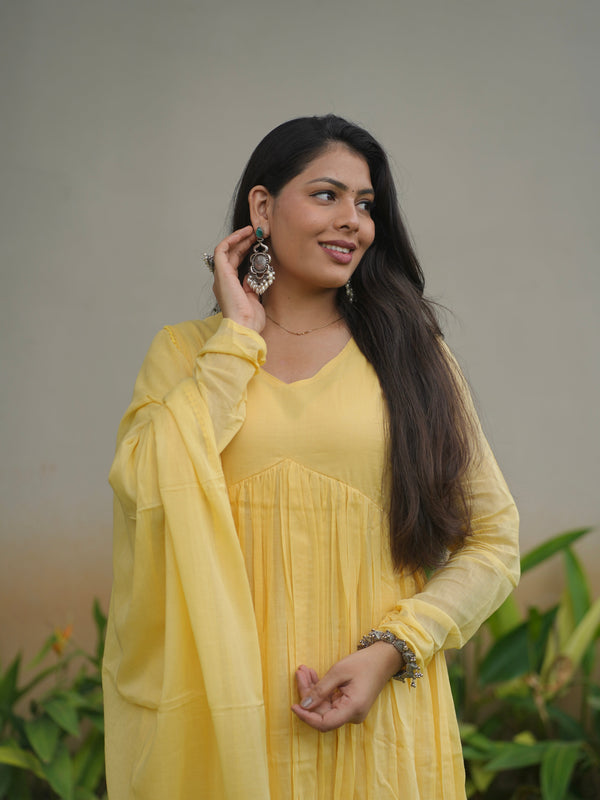 Butter Yellow Mul Cotton Flare Suit Set - Jonaya