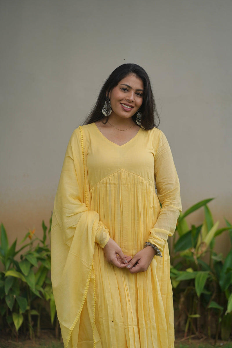 Butter yellow mul cotton flair suit set Jonaya