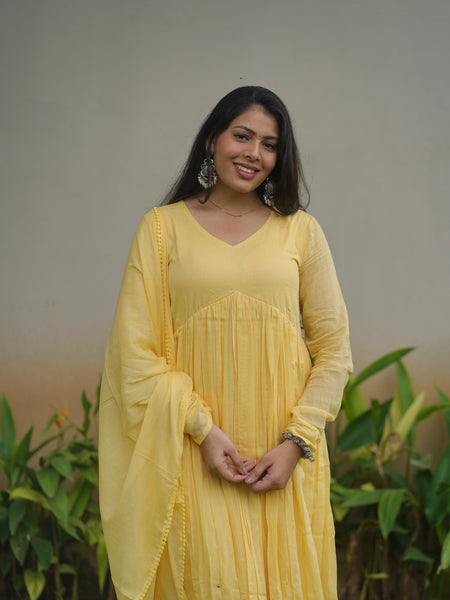 Butter yellow mul cotton flair suit set Jonaya