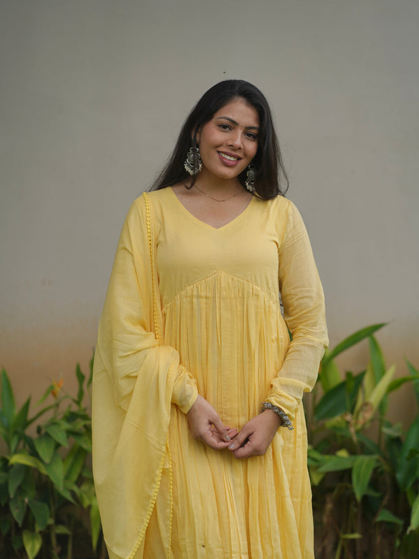 Butter Yellow Mul Cotton Flare Suit Set - Jonaya
