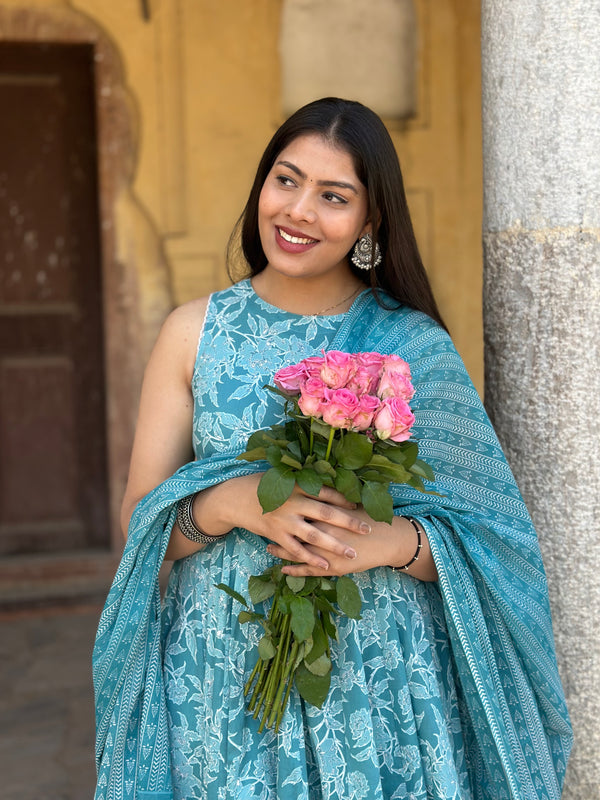 Pastel Sky Floral Anarkali Suit Set - Jonaya