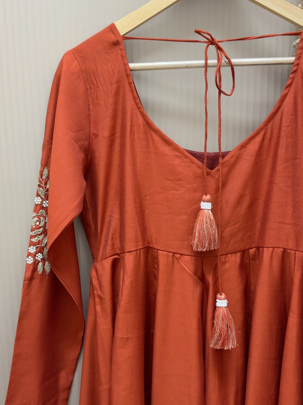 Rust Orange Hand embroidered Lux Anarkali - Jonaya