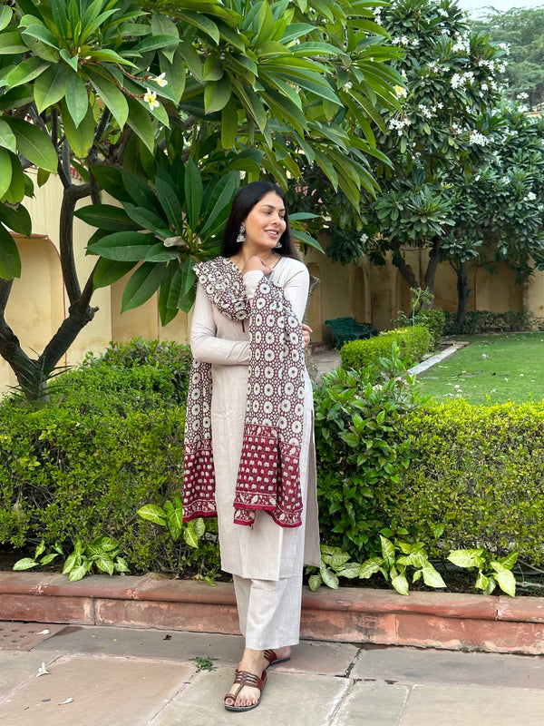Grey maroon cotton Straight Suit Set - Jonaya