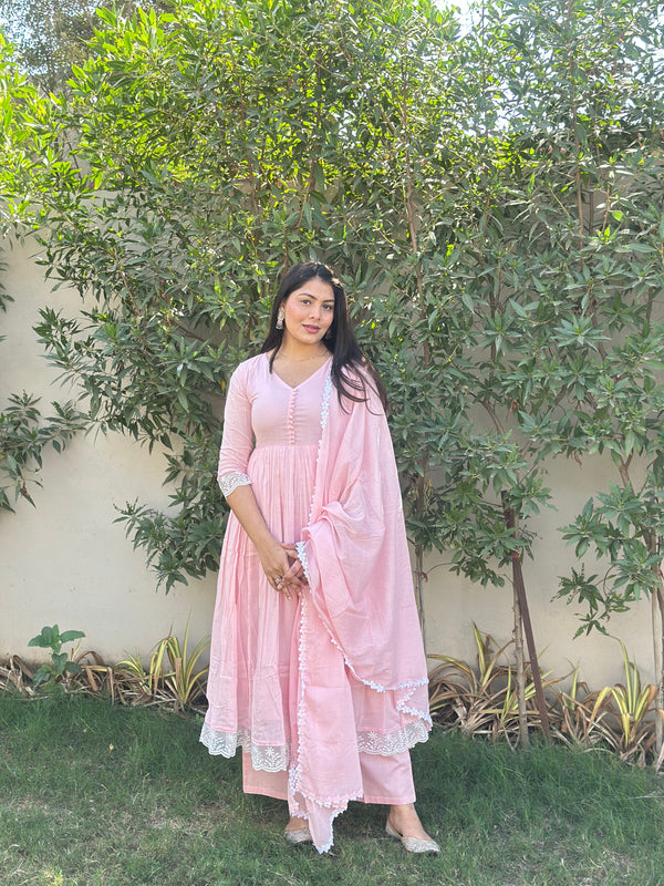 Baby Pink Mul Cotton Flare Suit Set - Jonaya