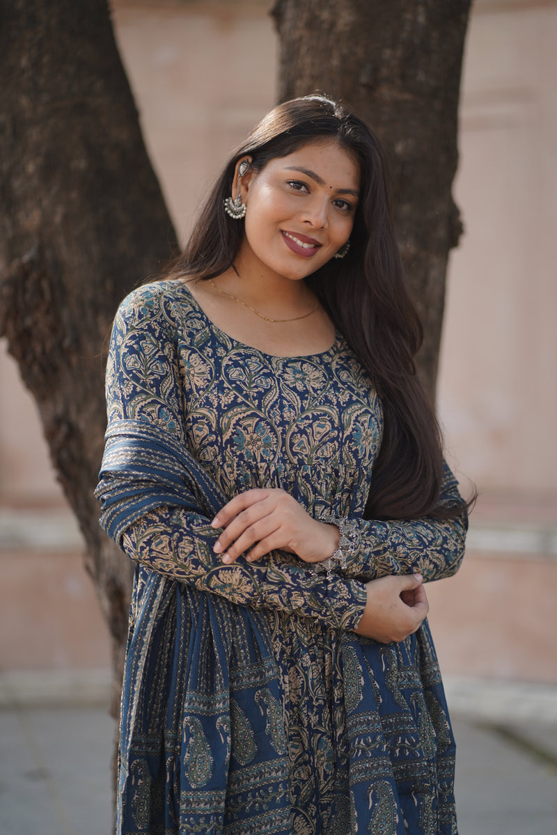 Blue kalamkari anarkali suit set