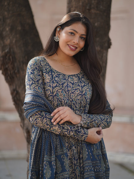 Blue kalamkari anarkali suit set