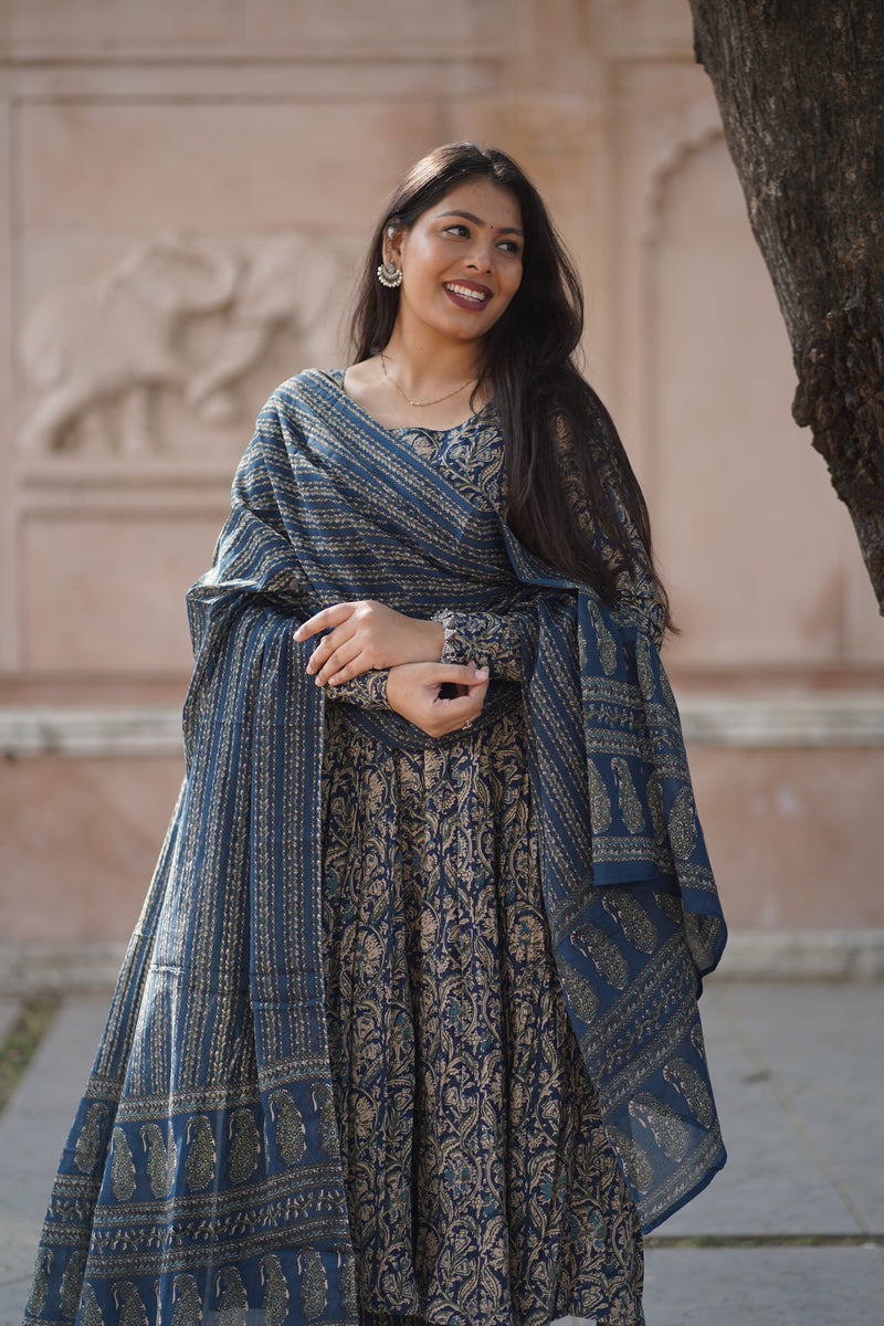 Blue kalamkari anarkali suit set