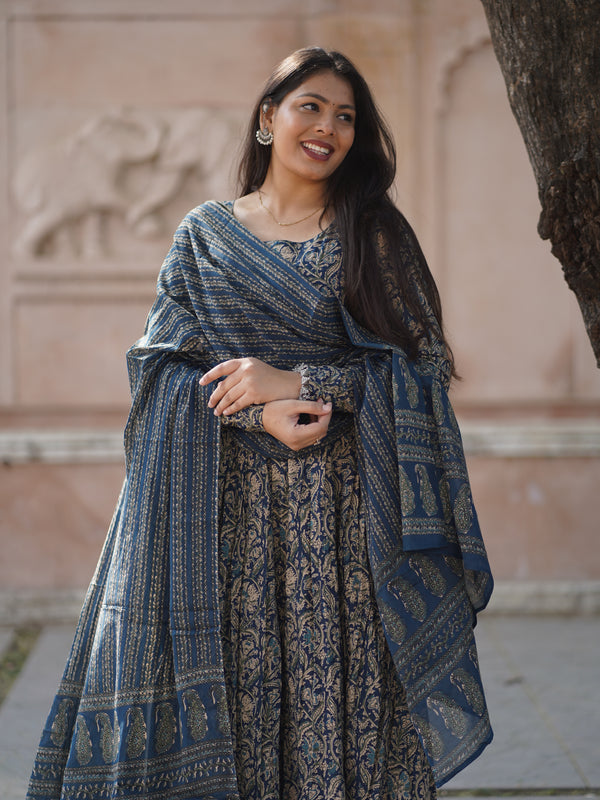 Blue kalamkari anarkali suit set