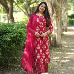 Red block floral straight suit set - Jonaya