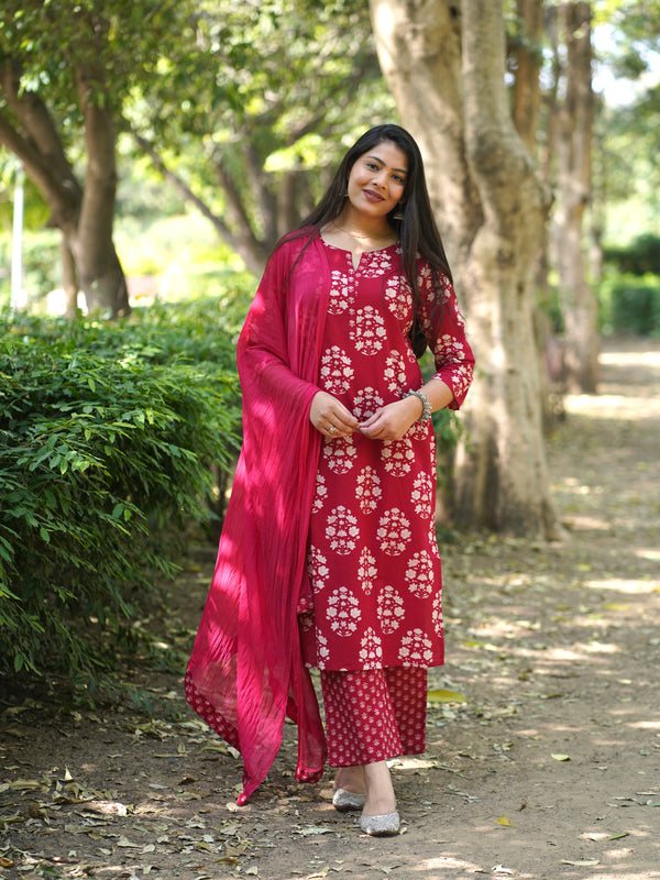 Red Block Floral Straight Suit Set - Jonaya