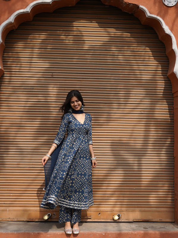 Blue Bhandej Anarkali Suit Set - Jonaya