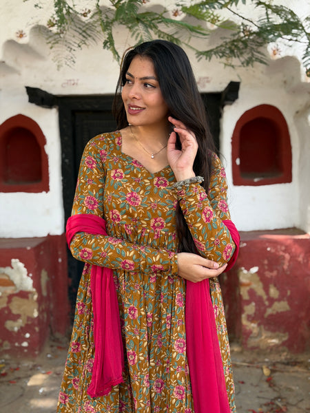 Pink mustard printed flare suit set Jonaya