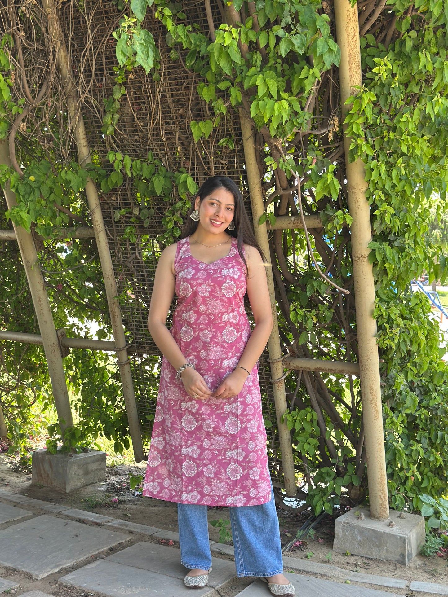 Pink white floral straight kameez