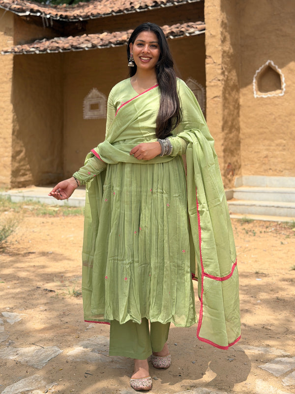 Sage Green Pink Embroidery Anarkali