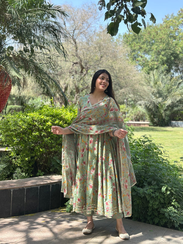 Pista Green Angrakha Gota Lace Anarkali Suit Set - Jonaya
