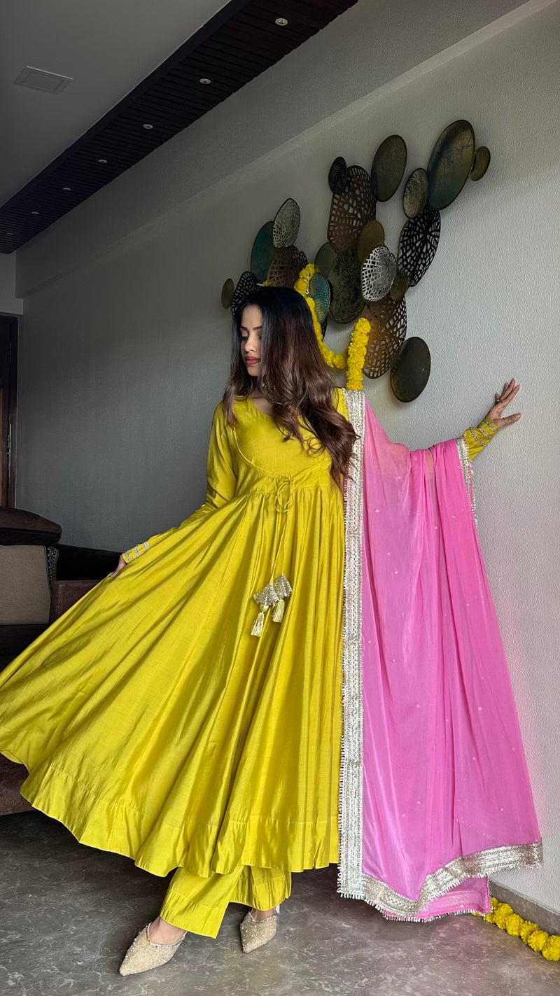 Festive green pink anarkali suit set Jonaya