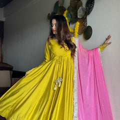 Festive green pink anarkali suit set Jonaya