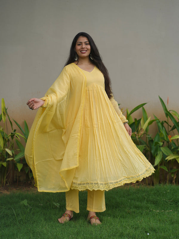 Butter Yellow Mul Cotton Flare Suit Set - Jonaya