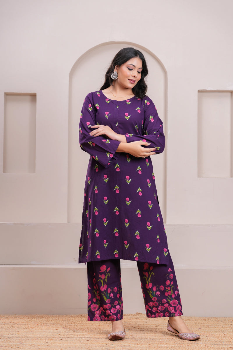 Purple pink floral straight suit set Jonaya