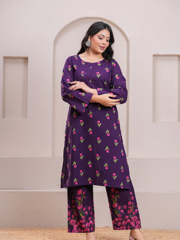 Purple Pink Floral Straight Suit Set - Jonaya