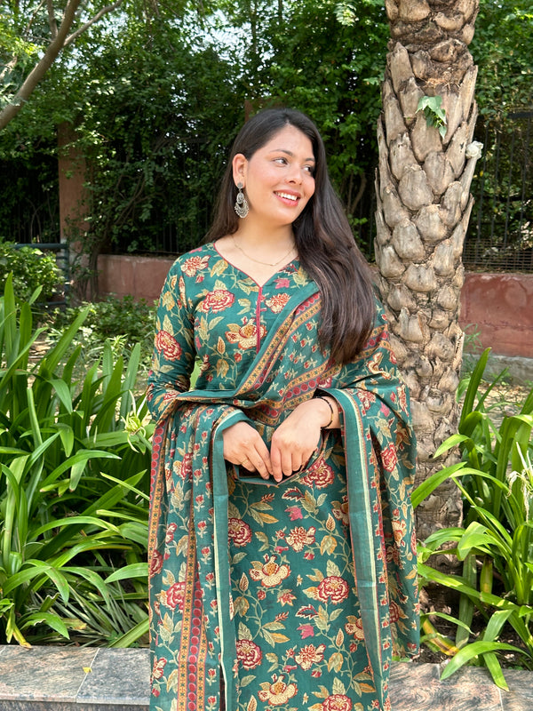 Green Maroon Floral Straight Suit Set - Jonaya