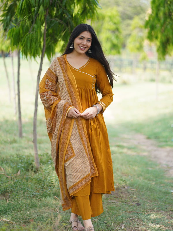 Mustard Solid Angrakha Potli Flare Suit Set - Jonaya