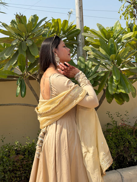 Beige heavy mirror pure organza silk Anarkali set Jonaya
